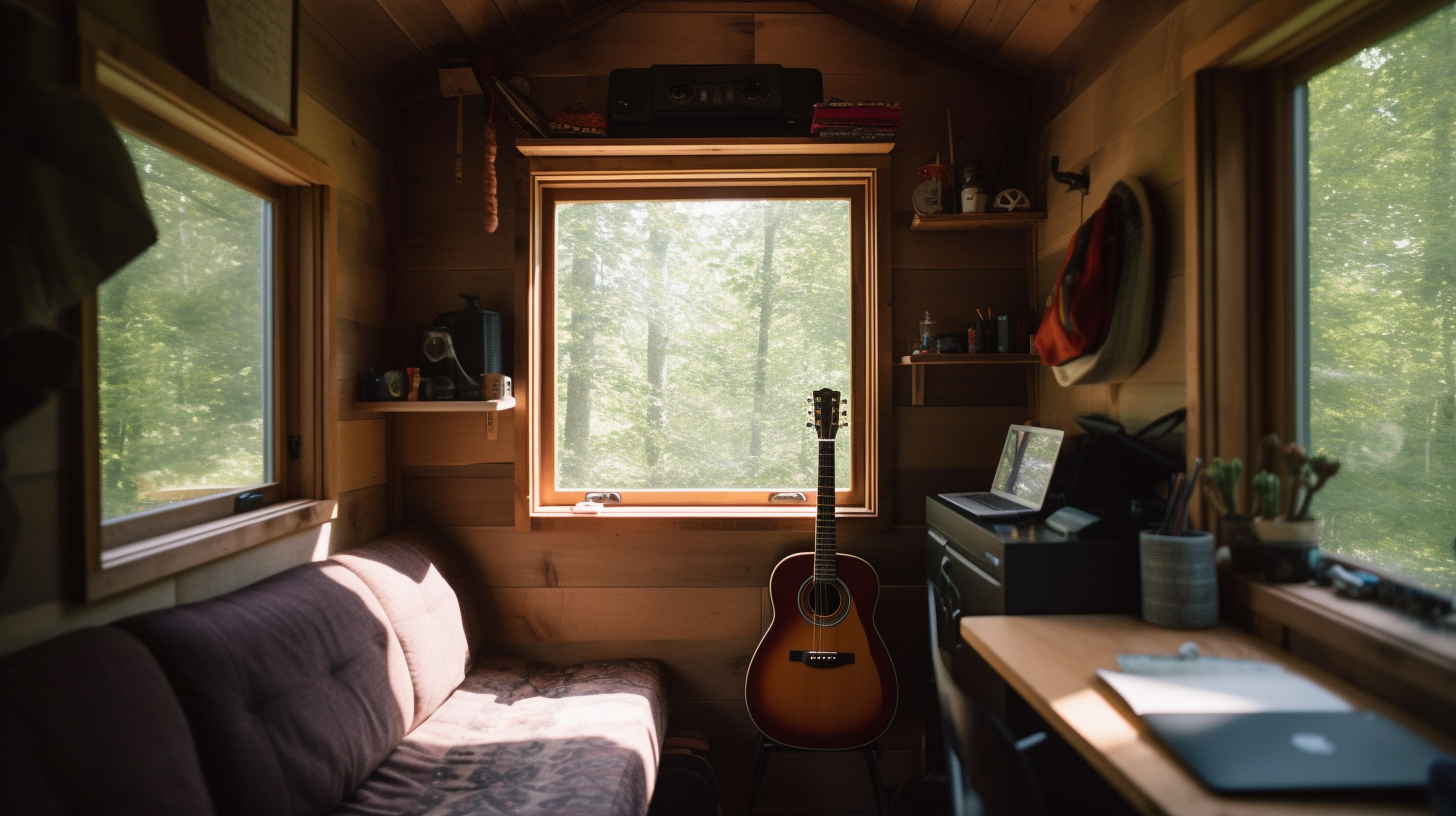 Interior of a tiny home for a musician