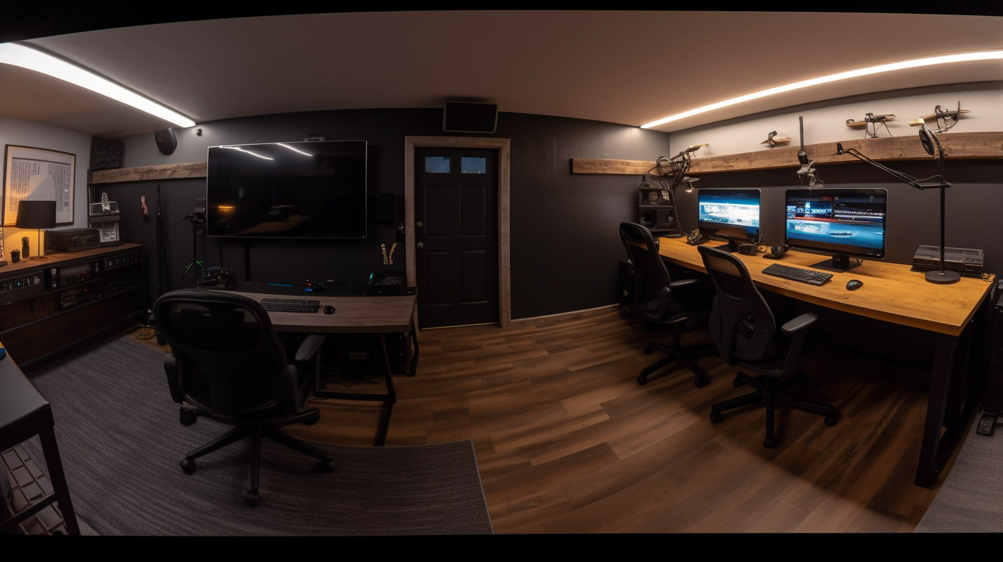 Panorama of a tiny home live streaming studio